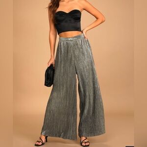 Lulus Stunning One Metallic Gold High Waisted Wide Leg Pull On Pants Sz L Party
